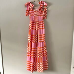 Pink & Orange Patchwork Maxi Dress Tie Strap Summer Dress Beach Vacation Dress